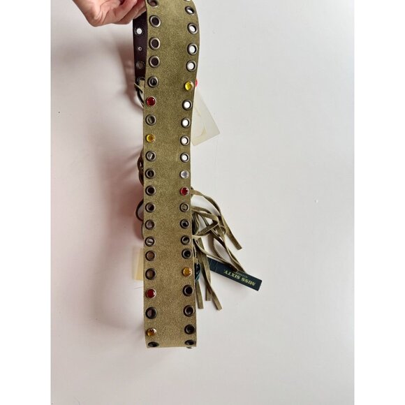 NWT MISS SIXTY 00s Y2K Ellie Green Suede Grommet Crystal Studded Fringe Belt - Picture 4 of 11